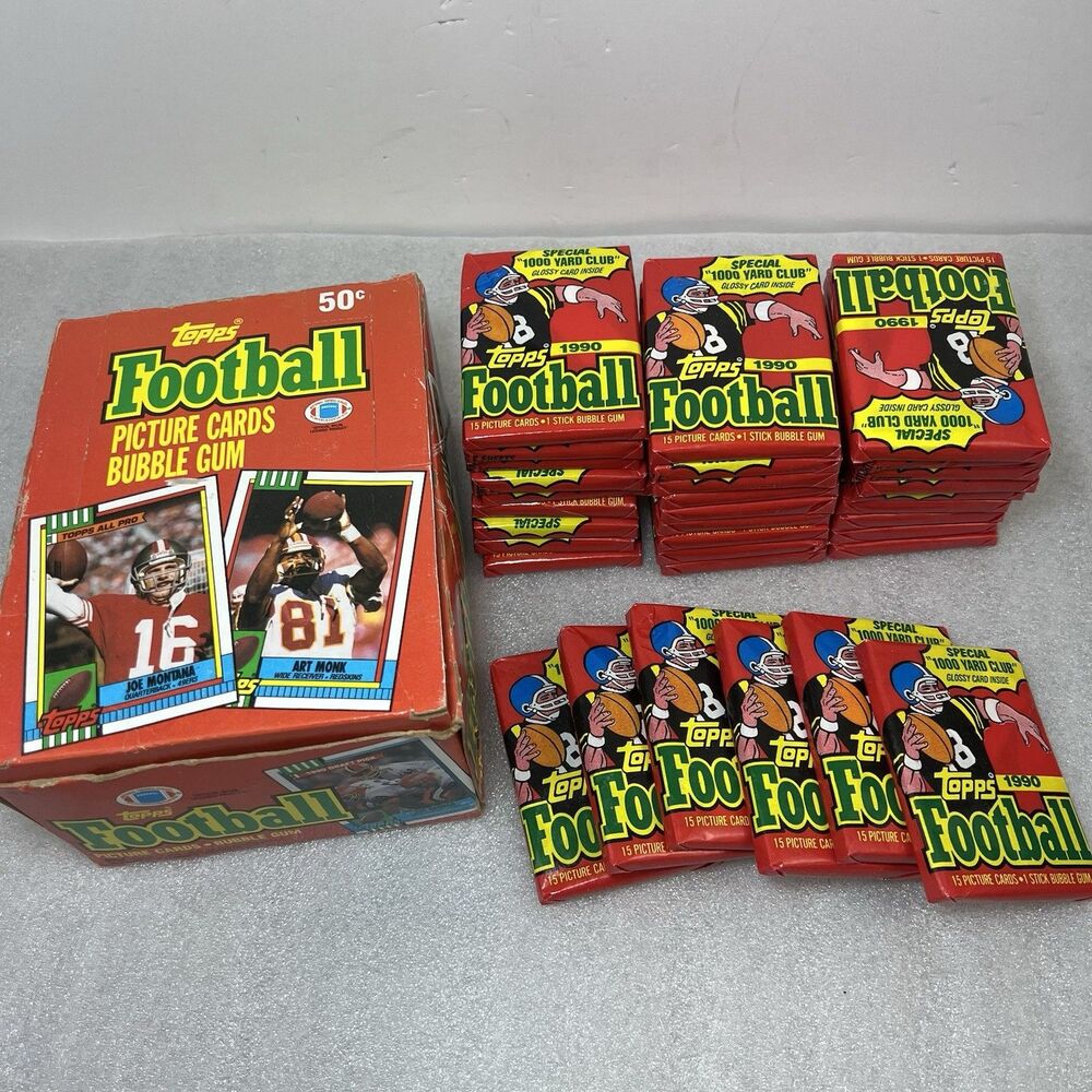1990 Topps Football Picture Cards Bubble Gum Wax Box, Open Box 33 Packs